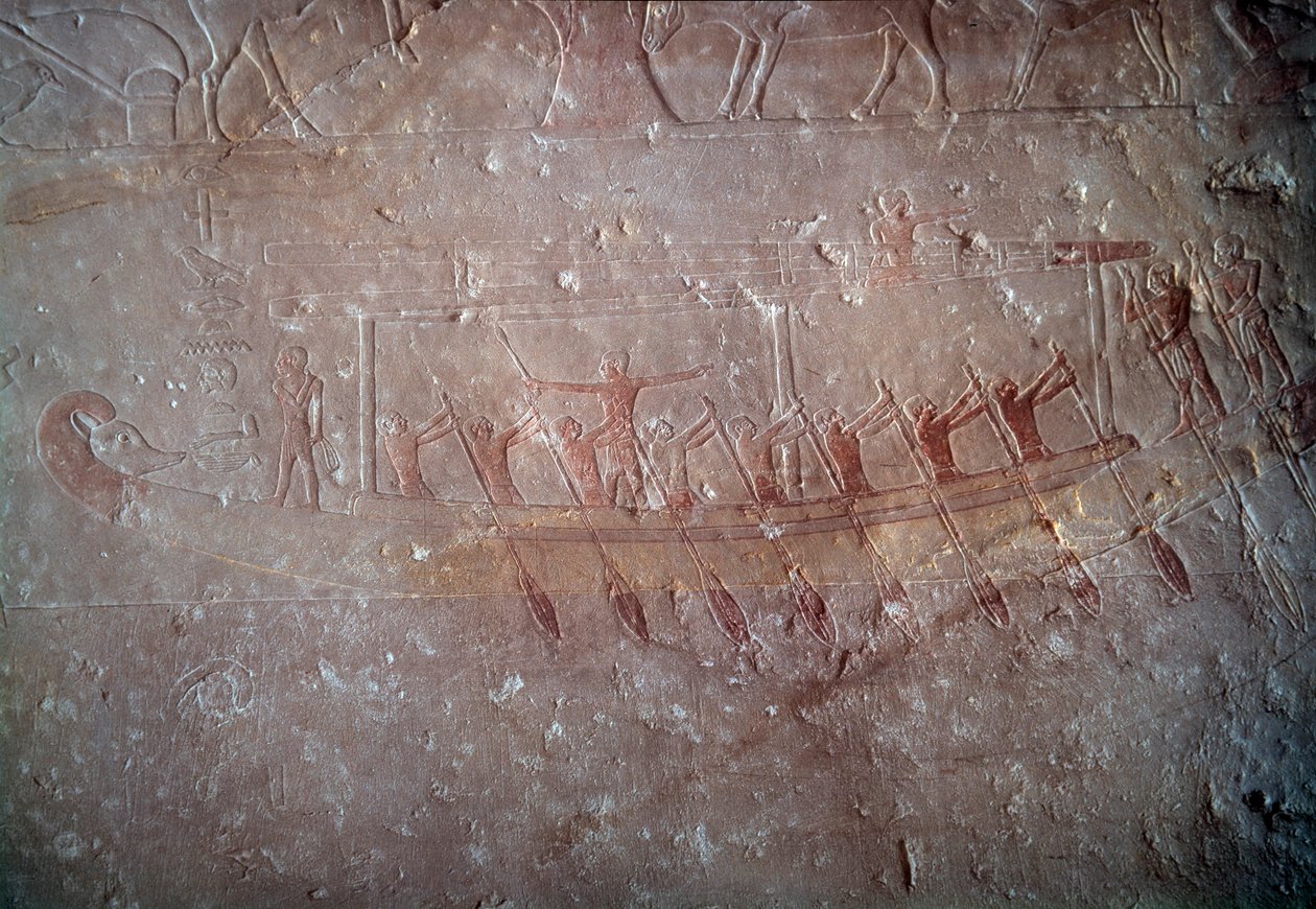Antigo Egipto: relevo calcário representando uma canoa da Capela de Mastaba em Akhethetep, por volta de 2300 AC. 5ª dinastia. Antigo império. De Saqqara (Sakkara). Paris, Museu do Louvre. de School Egyptian