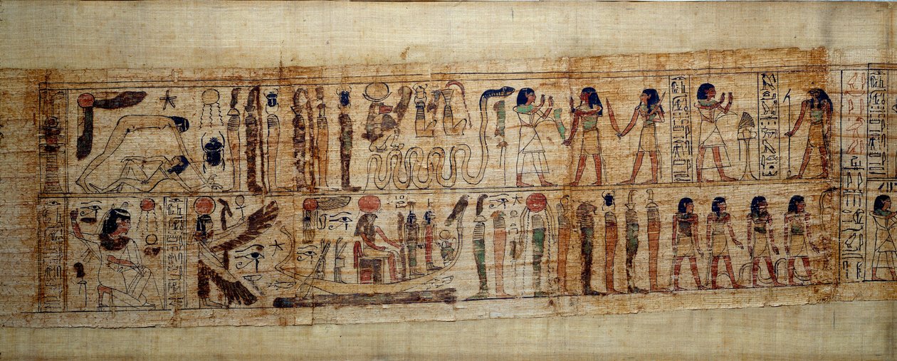 Antigo Papiro Mitológico da Arte Egípcia de Serimen. Em cima: durante a criação do mundo, o deus Geb (Terra) é separado da deusa Nout (céu); deuses e génios a partir de agora. Em baixo: Serimen presta homenagem ao sol que está a inundar com a sua ra de School Egyptian