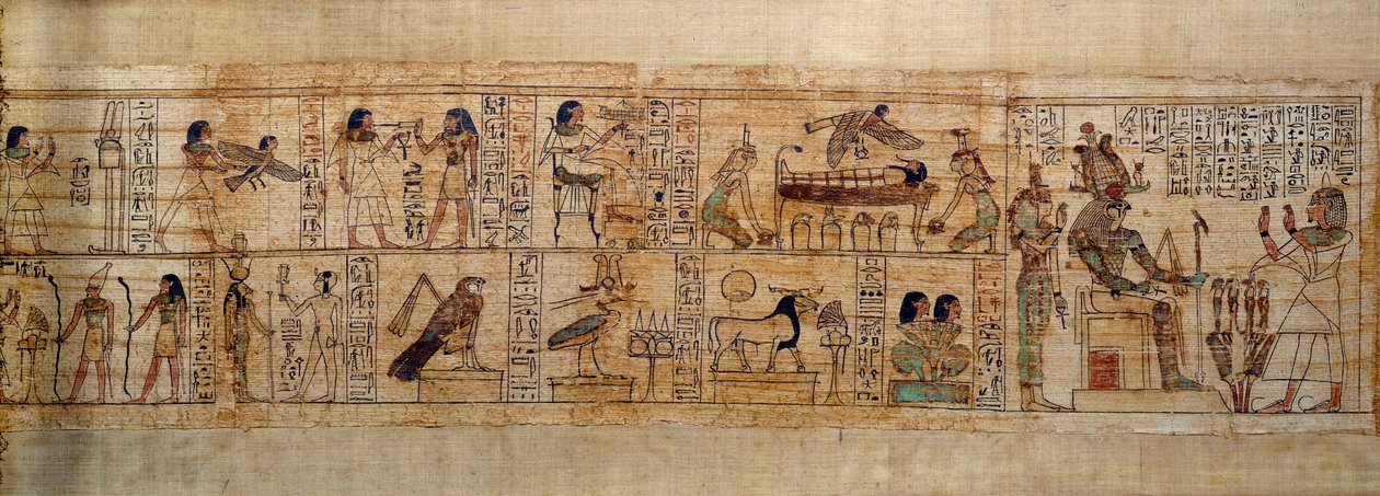 Antigo Papiro Mitológico da Arte Egípcia de Serimen. Top: Serimen ama o deus Osíris representado pelo seu emblema na cidade de Abydos. A alma dos mortos na forma de um pássaro voa sobre a sua múmia vigiada pelas deusas Ísis (esquerda) e Nefthys (direita). de School Egyptian