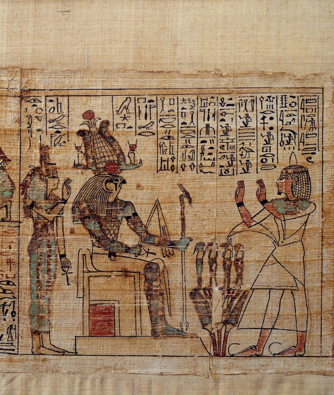 Arte Egípcia Antiga: Papiro mitológico de Serimen. Serimen em adoração perante o deus ptah-sokar-osiris seguido por Ísis. Manuscrito da 21ª dinastia (ca. 1069-945), terceiro período intermediário (ca. 1069-664 a.C.). Pintura. de School Egyptian