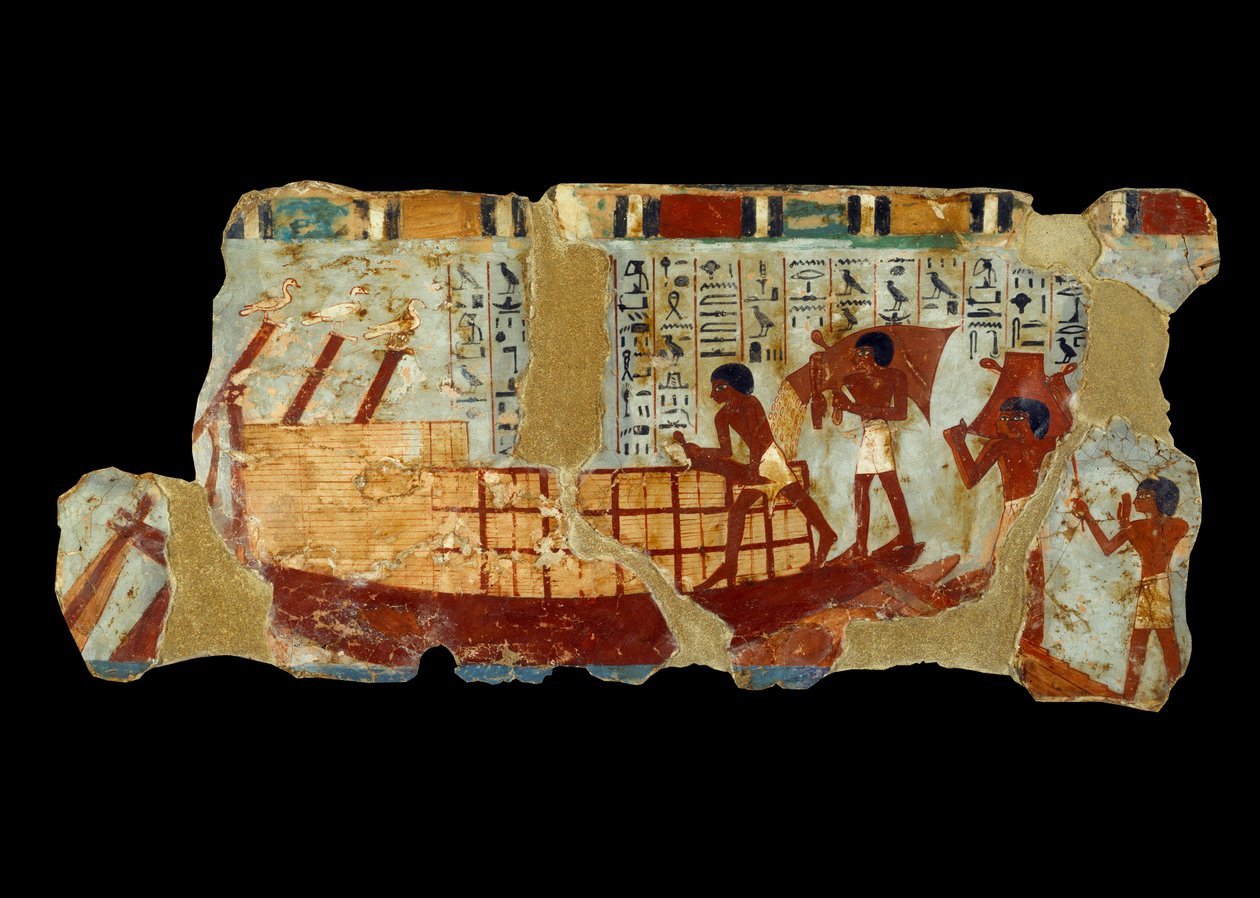 Arte Egípcia Antiga: carregamento de grãos em uma pintura de barco em lodo do túmulo de Ounou (1450 a.C.). de School Egyptian