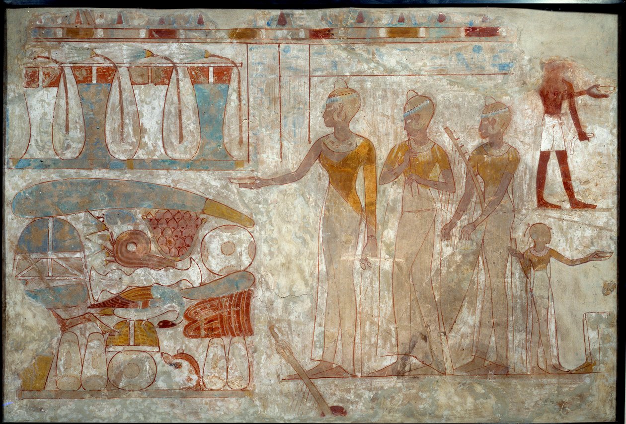Arte Egípcia Antiga: músicos em um banquete. Pintura em lodo (por volta de 1400 a.C.). de School Egyptian