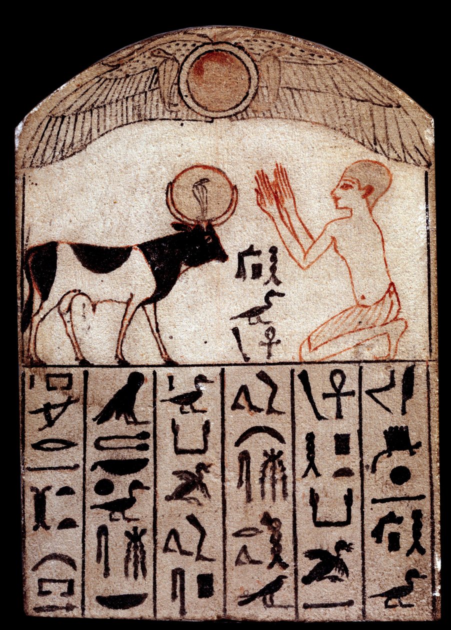 Arte antiga: Estela Serapeum (calcário pintado). Adoração ao Deus Apis. Escultura em calcário pintado, período baixo (664-332 a.C.), Egipto. Paris, Musee Du Louvre de School Egyptian