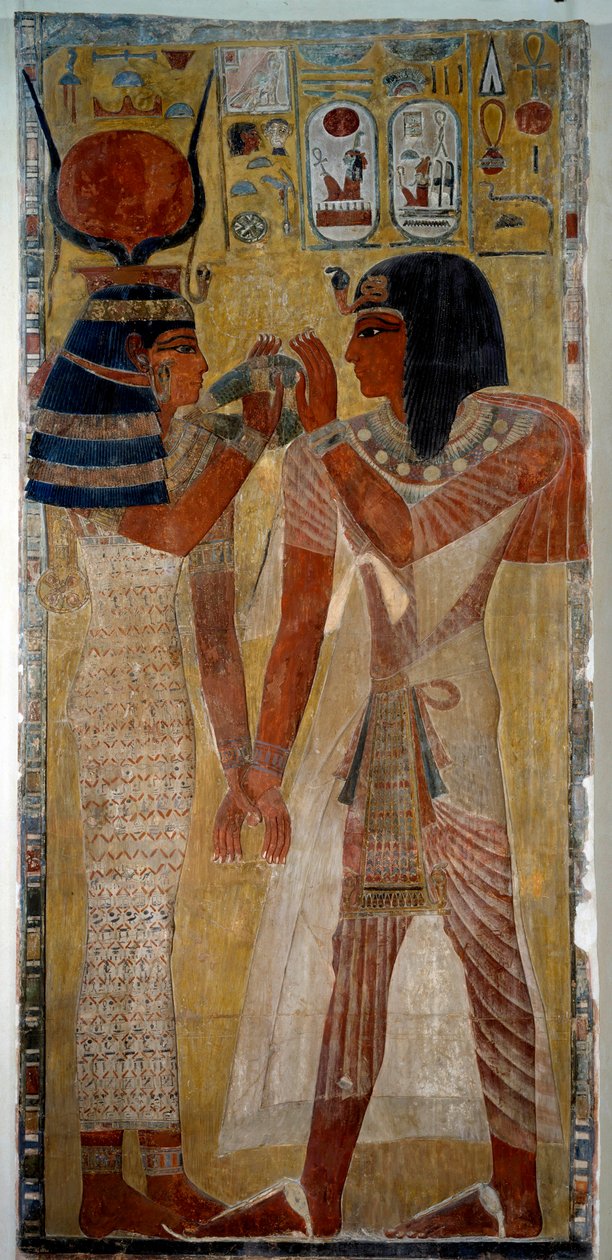 Arte do antigo Egipto: O rei Sethi I e a deusa Hathor, vem do túmulo de Sethi I (vale dos reis) de School Egyptian
