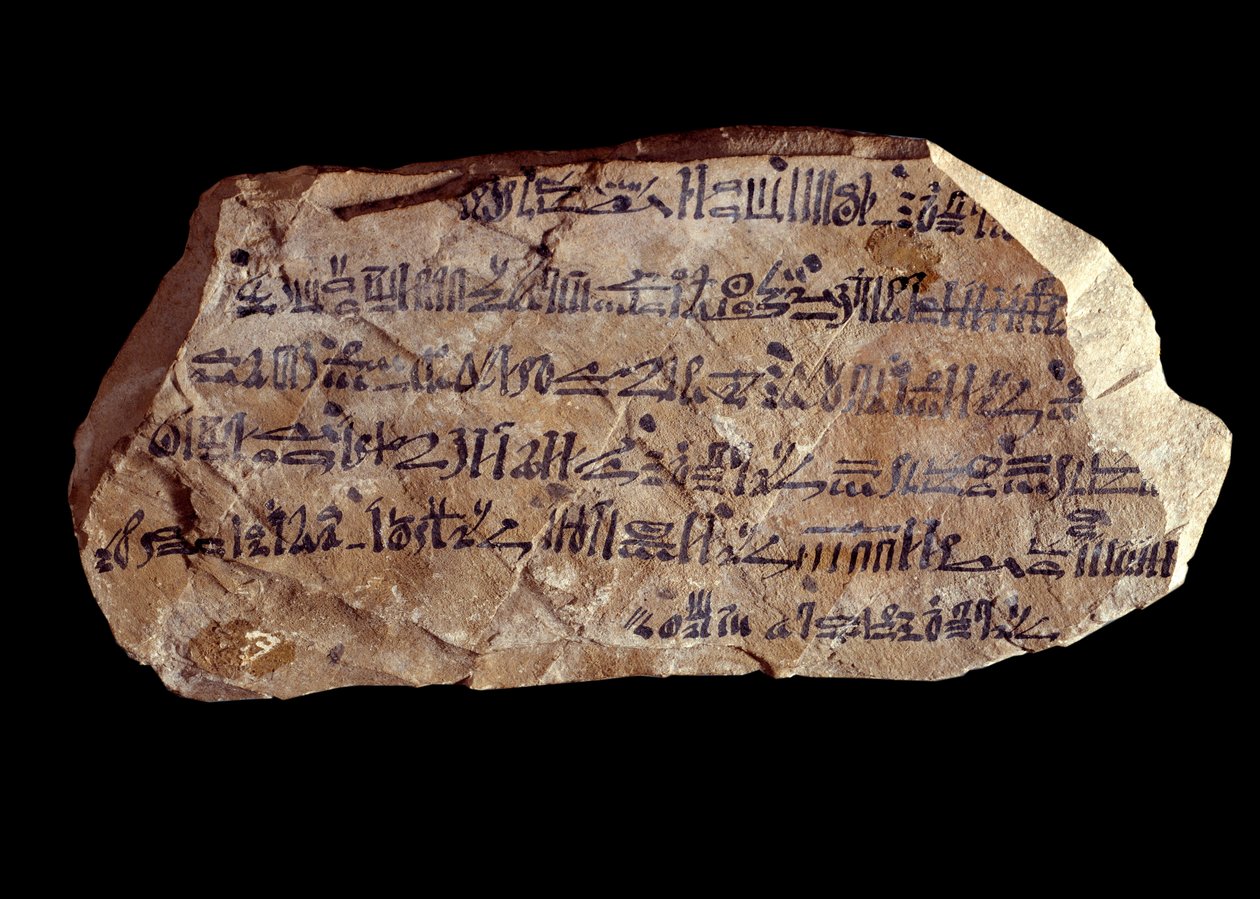 Arte do antigo Egito: ostracon (ou ostracon) (plural: ostraca ou ostraka) hierático (cacos de cerâmica em que estão escritas coisas sagradas). Novo império do Egito. Paris, Musee Du Louvre de School Egyptian