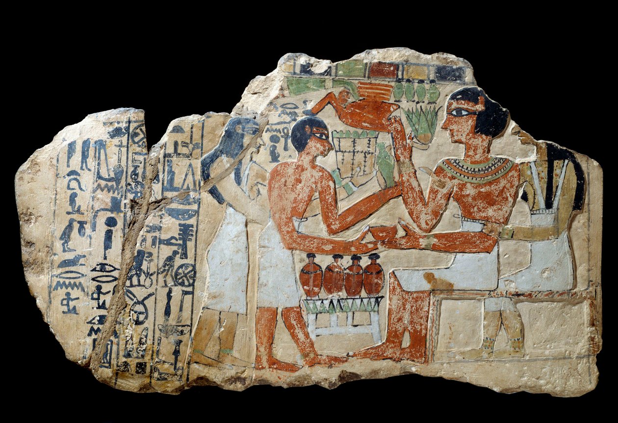 Antiquidade egípcia: Iri estela em pedra calcária. Um casal a fazer uma oferta. Primeiro período intermédio (2200-2033 a.C.) Sol. 0,3x0,52 m Paris, musee du Louvre de School Egyptian