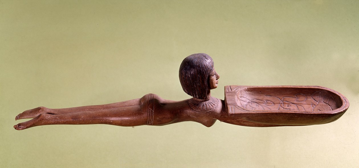 Antiquidade egípcia: Colher de madeira para colher cosmética chamada de nadadora nua segurando um pato. 18ª dinastia, novo império. Paris, Museu do Louvre de School Egyptian