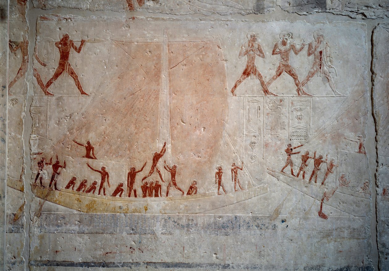 Antiquite egípcio: um veleiro. Relevo calcário da Capela de Mastaba de Akhethetep em Saqqara. 5ª dinastia (cerca de 2500-2350 AC) 2300 AC. Paris, Museu do Louvre de School Egyptian