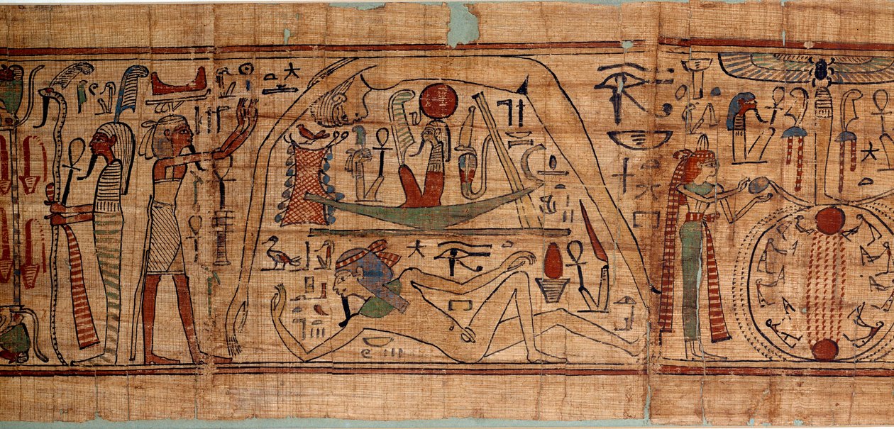 Alegoria antiquita egípcia do cosmos: papiro mitológico de Neskapashouty, escriba contábil de grãos representando a cosmogonia, com Geb, Nout, Nephtys, Osiris. 1070-664 AC. 21ª dinastia. Sol 2,7x0,27 m Paris, musee du Louvre. de School Egyptian