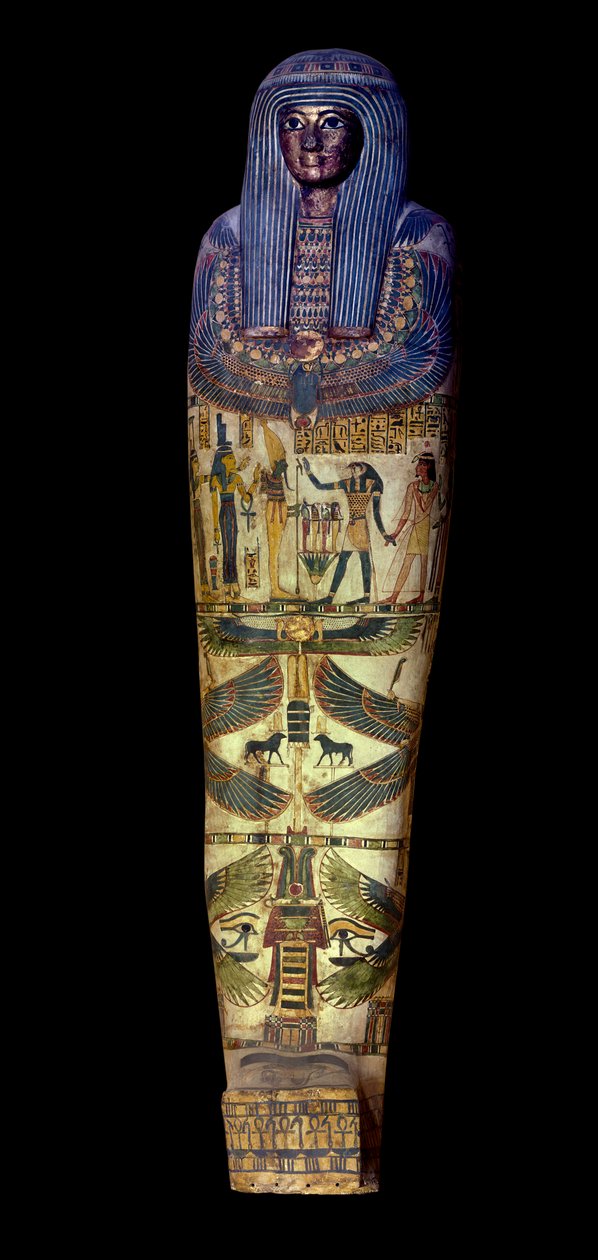 Antiguidade egípcia: cobertura do sarcófago de Jedkhonsouioufankh (Djedkhonsouiouefankh), cerca de 750 AC, Museu do Louvre - Antiguidade egípcia: cobertura do sarcófago de Djedkhonsouioufankh (Djedkhonsouioufankh), Cerca de 750 AC, Museu do Louvre, Paris de School Egyptian