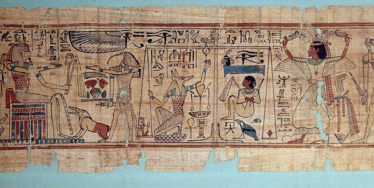 Antiquite egípcio: detalhe do papiro mitológico de Neskapashouty, escriba contabilista dos grãos do sótão de Amon. Anubis pesa o coração (alma) do defunto. 21ª dinastia de School Egyptian