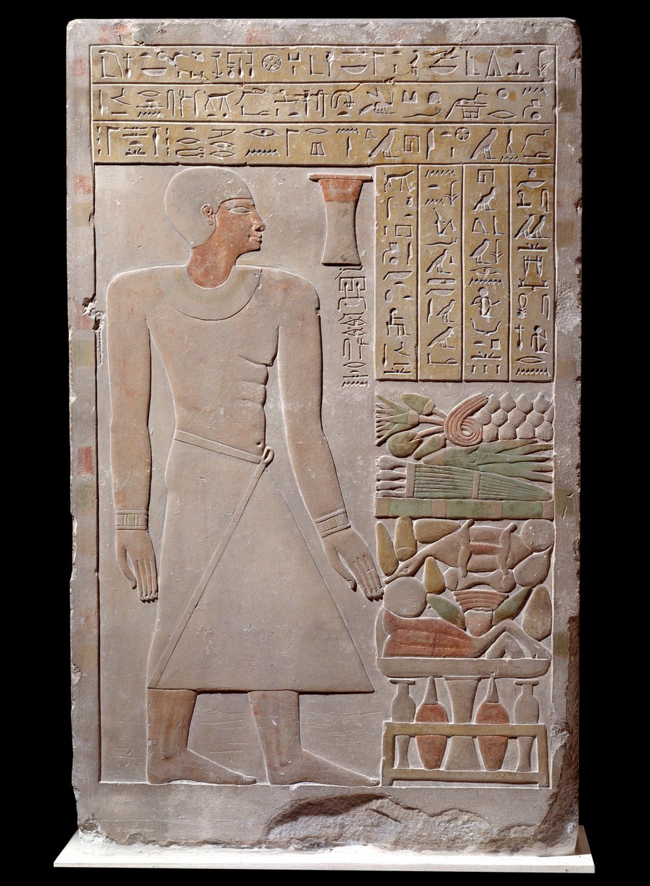 Antiquite egípcio: estela calcária do monumento à memória do porta-voz do Vizir Senousret formando uma capela. Por volta de 1700 AC. Fim da 12ª dinastia de School Egyptian