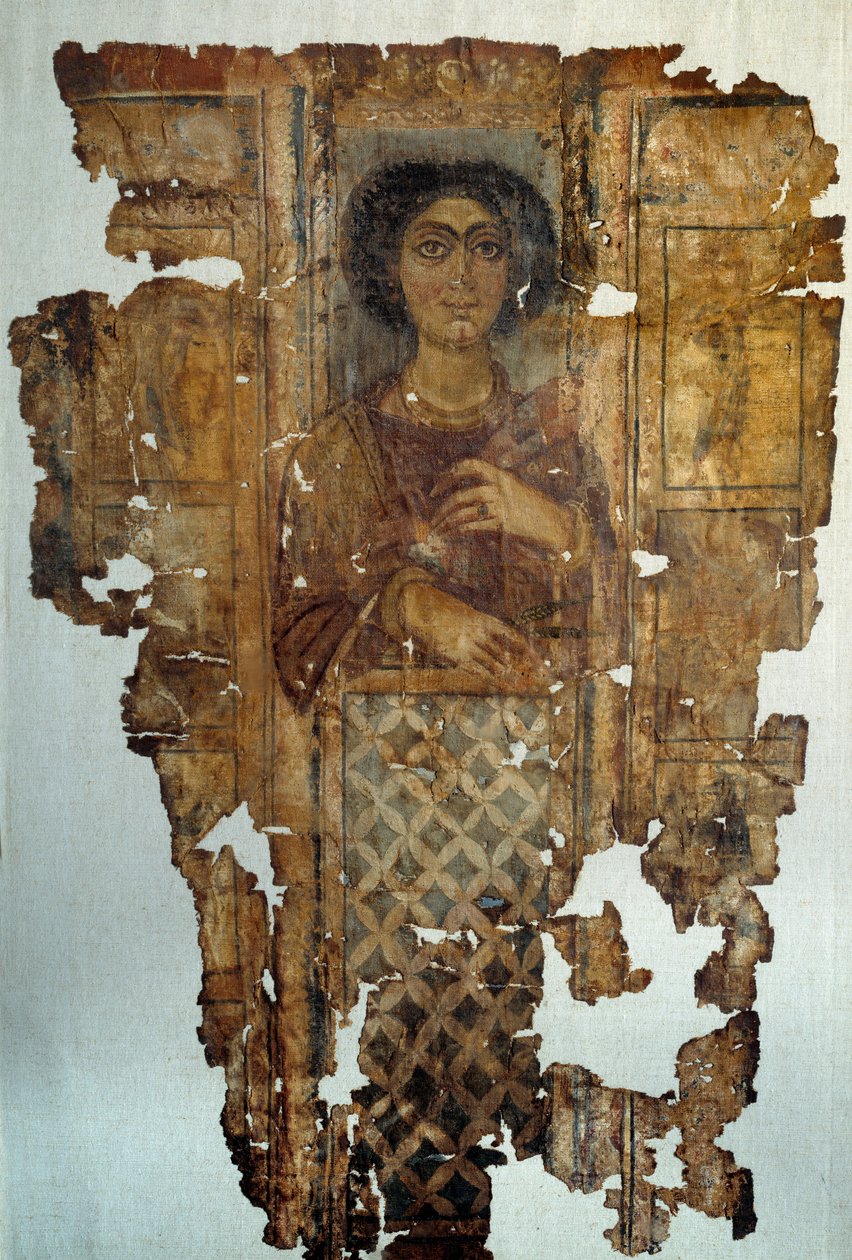 Antiquite egípcio: lençol de linho pintado e dormitório de uma mulher de Antino. Século IV d.C. Paris, Museu do Louvre de School Egyptian
