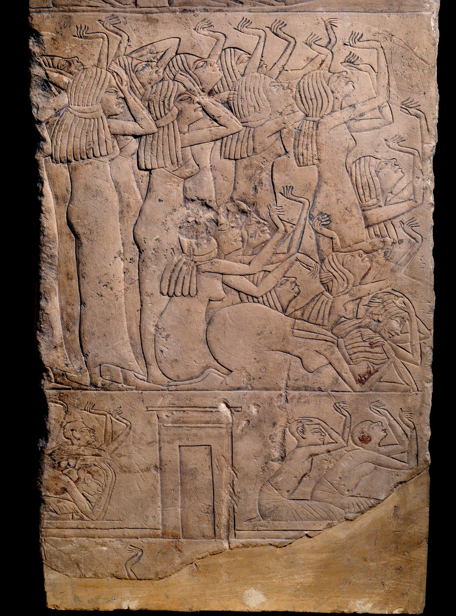 Antiquite egípcio: túmulo memphite de Horemheb a Saqqqarah (Sakkarah ou Saqqqara), alívio: chorando no funeral de Horemheb. 18ª dinastia (cerca de 1550-1295 a.C.) de School Egyptian