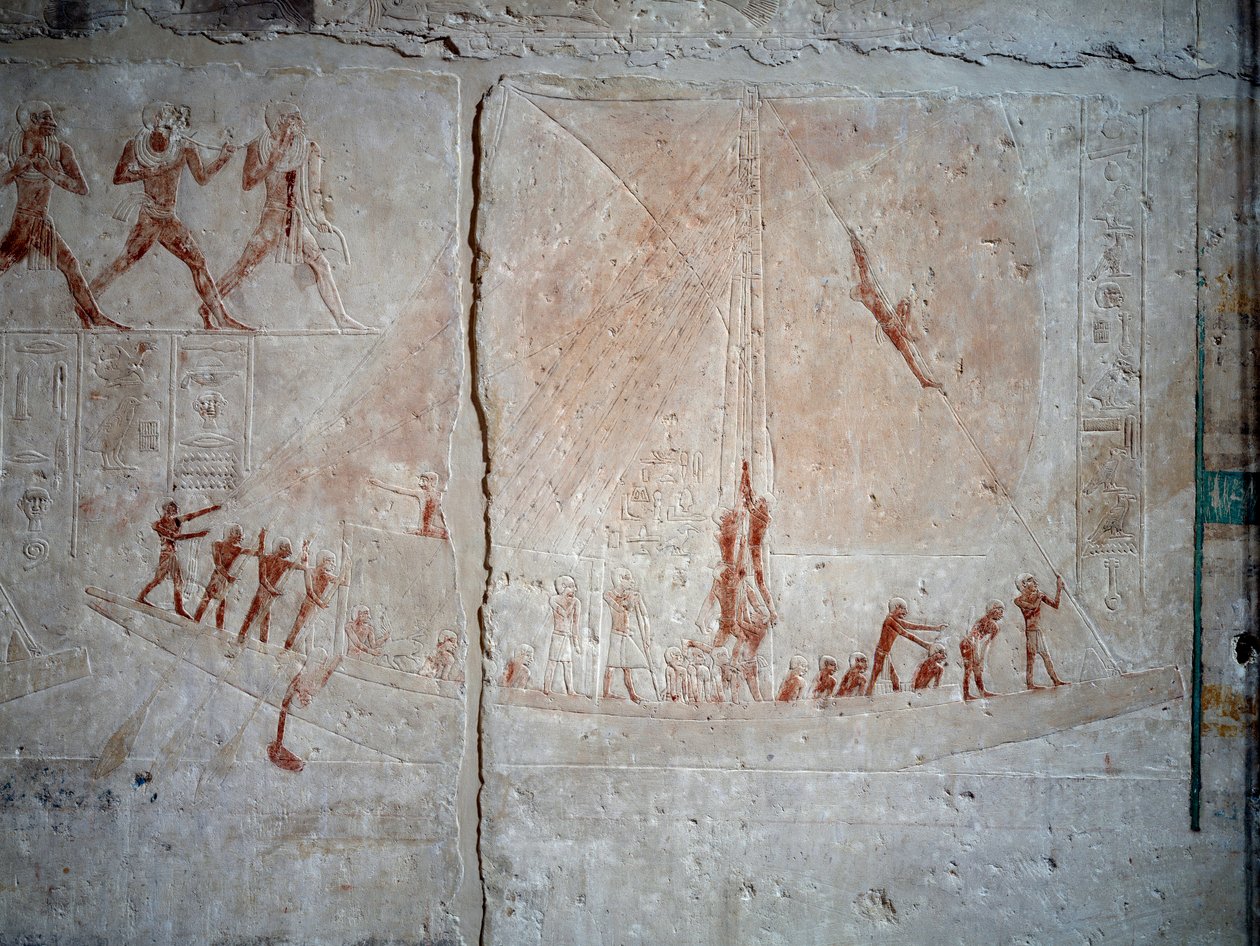 Antiquidade egípcia: cena de navegação. Relevo calcário da Capela de Mastaba de Akhethetep em Saqqara. 5ª dinastia (cerca de 2500-2350 AC) 2300 AC. Paris, Museu do Louvre de School Egyptian