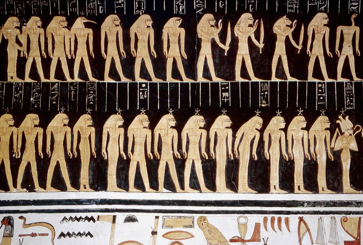 Luxor, Tebas: Vale dos Reis, desenho de deus e deusa na parede interior de um templo. de School Egyptian