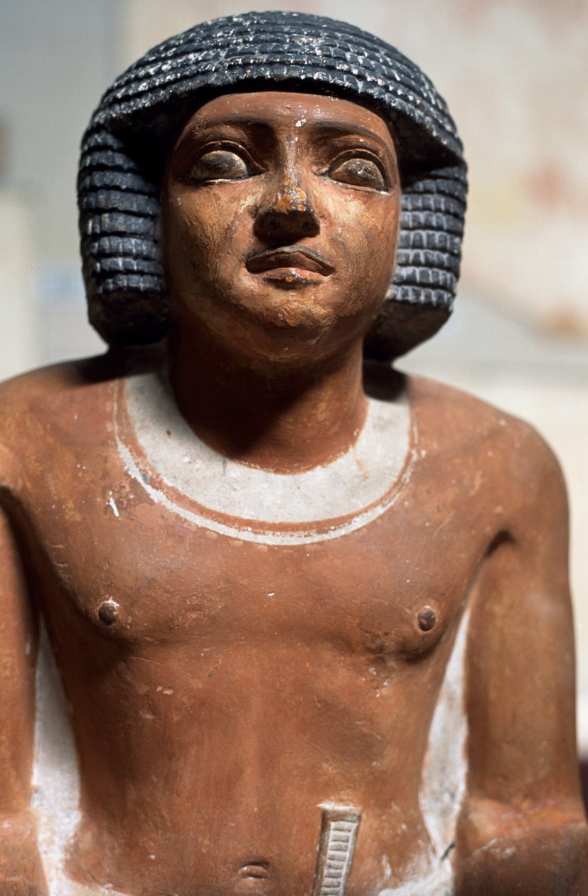 Figura masculina, Estátua de calcário pintado, Civilização egípcia, Detalhe de School Egyptian
