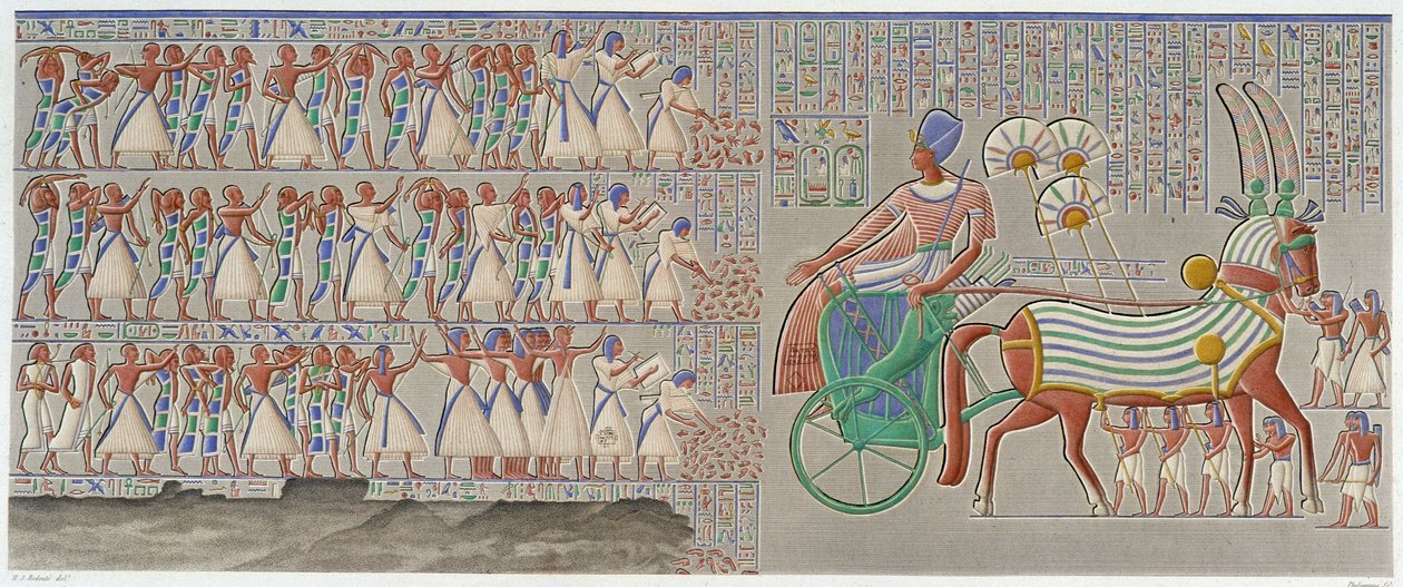 Tebas, Medynet-Abu: baixo relevo colorido, esculpido na galeria sul do peristilo do palácio - em "Antiguidades Egípcias", T.II de School Egyptian