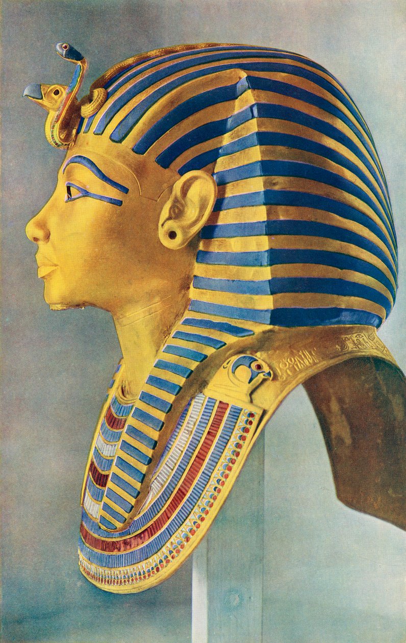 Tutankhamun. A máscara do retrato em ouro maciço que cobria a cabeça da Múmia do jovem faraó. O faraó egípcio da 18ª dinastia, governou c. 1332 a.C. 1323 a.C. De The Illustrated London News, Número recorde do Jubileu de Prata de School Egyptian