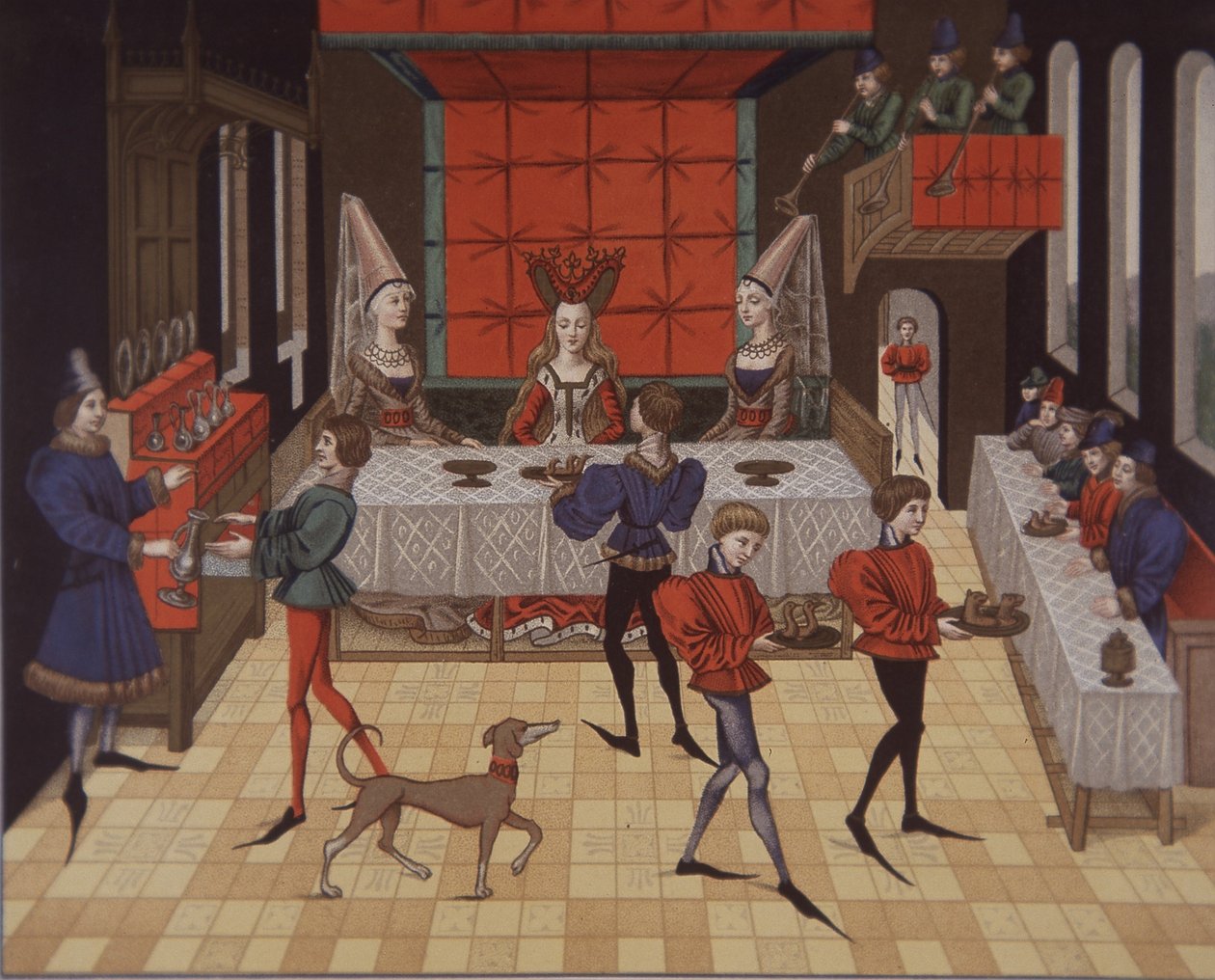 Jantar servido por senhoras aristocráticas medievais do século XV (cor litho) de School English