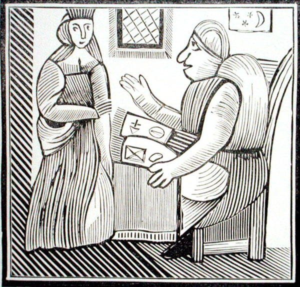 Uma Mulher procura orientação no Soothsayer, cópia de uma ilustração de "A História da Mãe Bando do Ocidente", de uma coleção de livros capilares na esoterica c14th-c17th (xilogravura) de School English