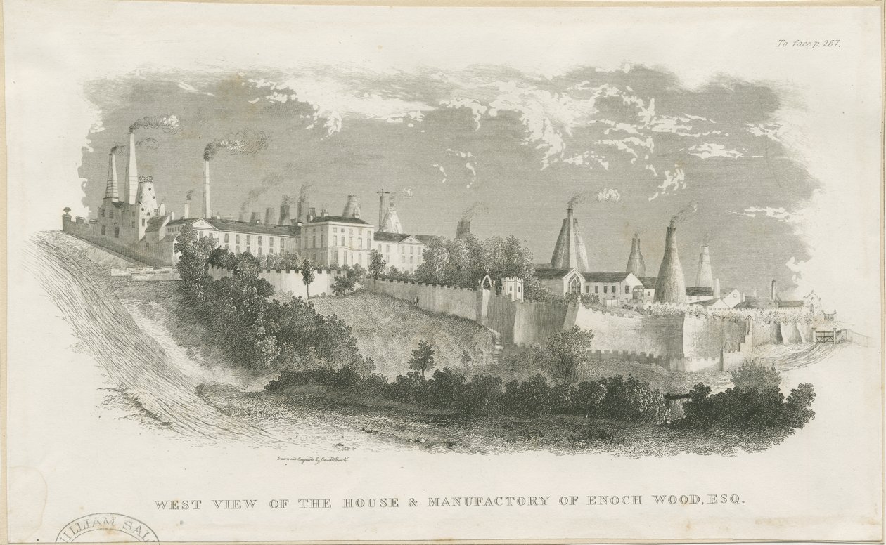 Burslem - casa e fábrica de Enoch Wood & Sons: gravura, nd [?19 cent] (estampado) de School English