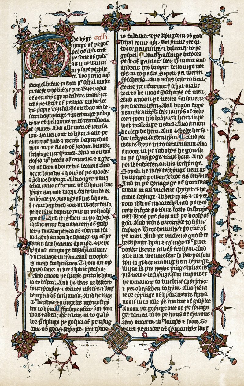 Cópia de uma página do Evangelho de São Marcos, tradução de Wycliffe da Bíblia para inglês em c.1400 (impressão) de School English