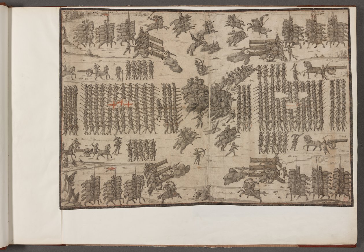 Algodão Augustus III, f.1 Uma batalha. Exércitos em formação. Desenhos de exércitos, soldados, cavalos e arneses, e outras cenas militares. 1500-1650 de School English