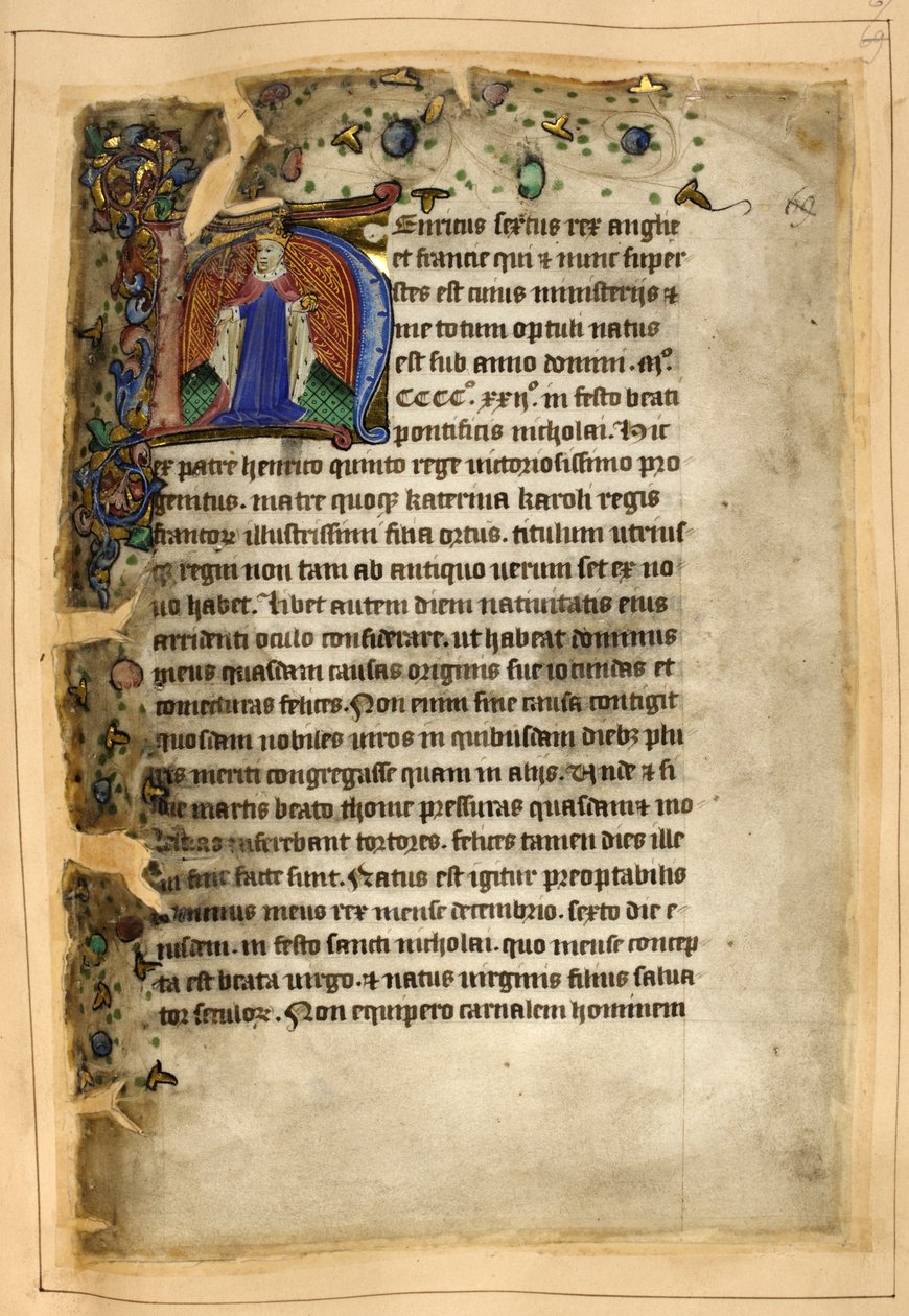 Algodão Tibério A. VIII, f.67 Inicial historiada de Henrique VI (velino) de School English