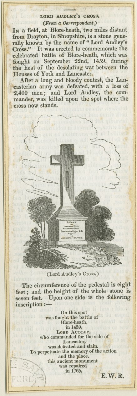 Drayton-in-Hales - &39;Audley Cross on Blore Heath&39;: xilogravura, sd [ 19 cent] (impressão) de School English