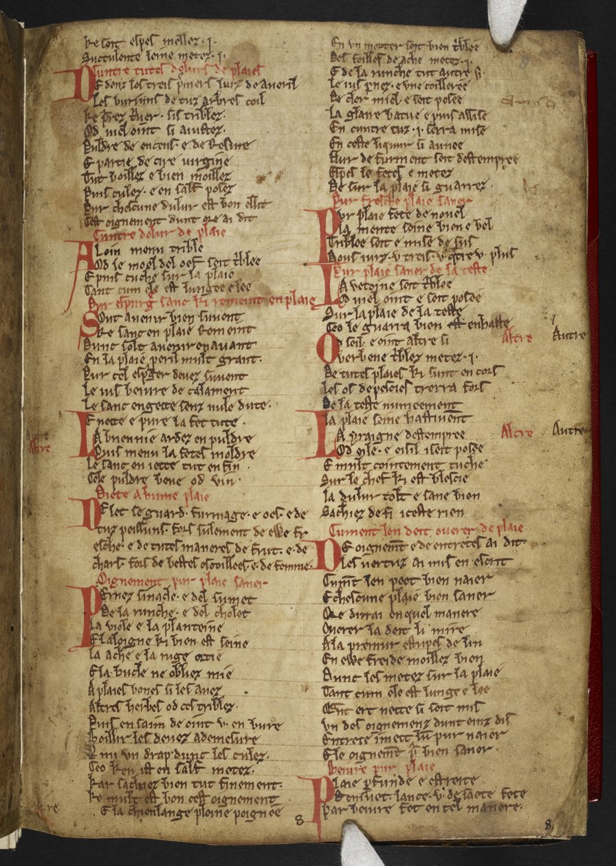 Harley MS 2558 f.8r, Novele cirurgerie, excerto (365 linhas). Uma colecção de receitas médicas em verso anglo-normandês (vellum) de School English