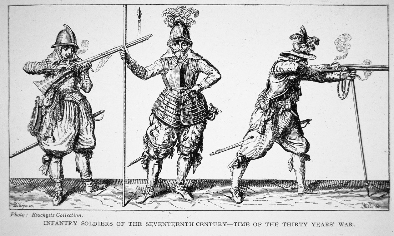 Soldados de infantaria do século XVII - época da Guerra dos Trinta Anos (litho) de School English