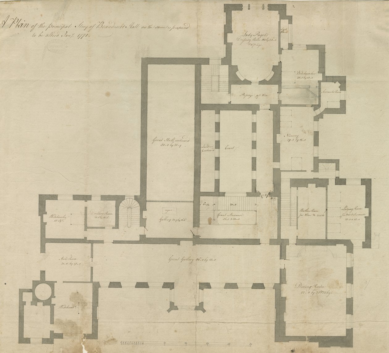 Interior do Beaudesert Hall and Park: desenho a caneta de School English