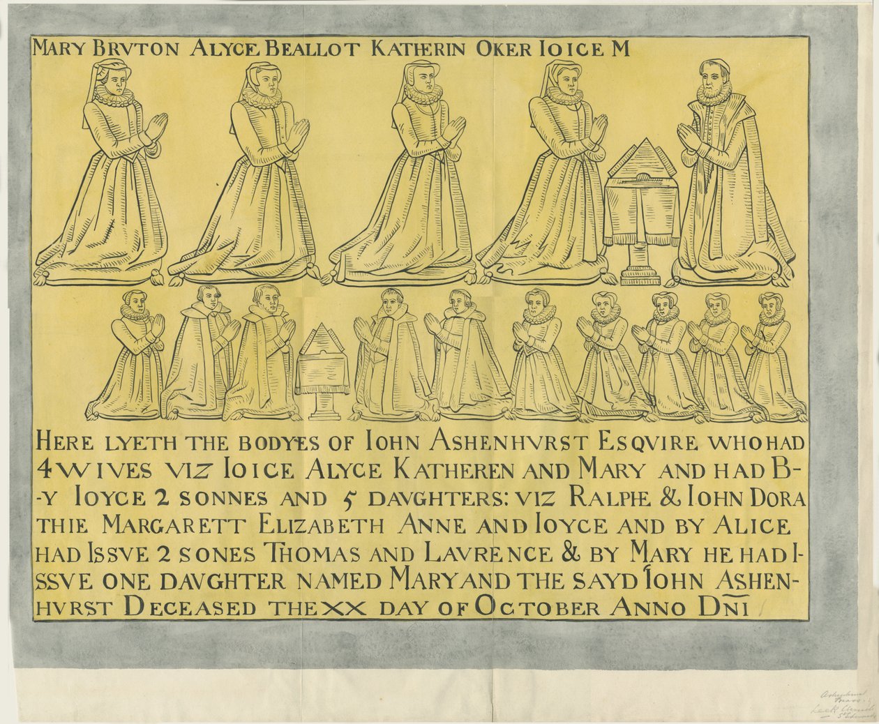 Igreja de Leek - &39;Ashenhurst Brass&39;: desenho em tinta indiana (em papel amarelo), sd [ 18º cent] (desenho) de School English