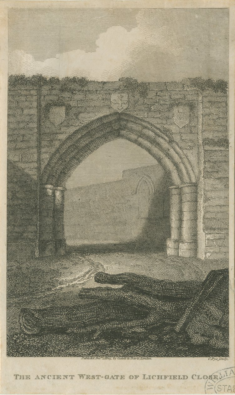 Lichfield - Ancient West Gate of The Close: gravura, nd [c 1805] (imprimir) de School English