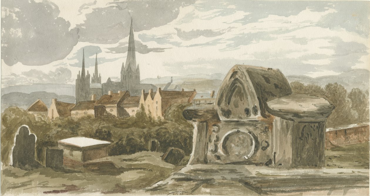 Lichfield - Túmulo antigo no cemitério de São Miguel: pintura aquarelada, nd [?19 cent] (pintura) de School English