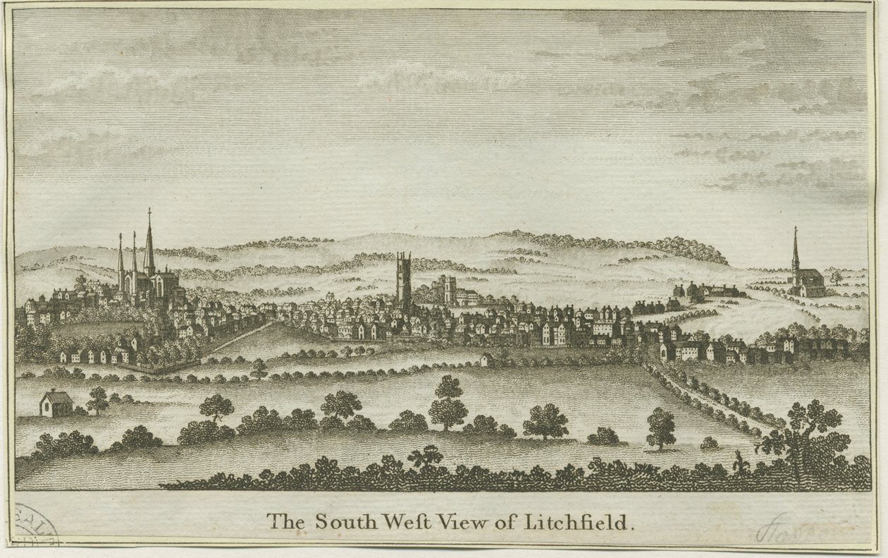Lichfield - Vista Sudoeste: gravação em chapa de cobre, nd [fim do 18º cêntimo] (imprimir) de School English