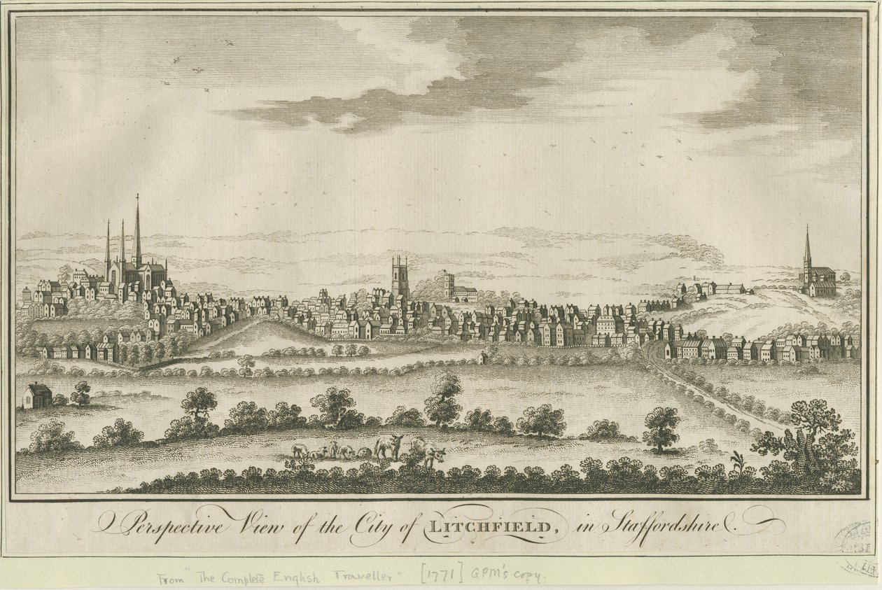 Lichfield - Vista Sudoeste: gravura, nd [1771] (imprimir) de School English