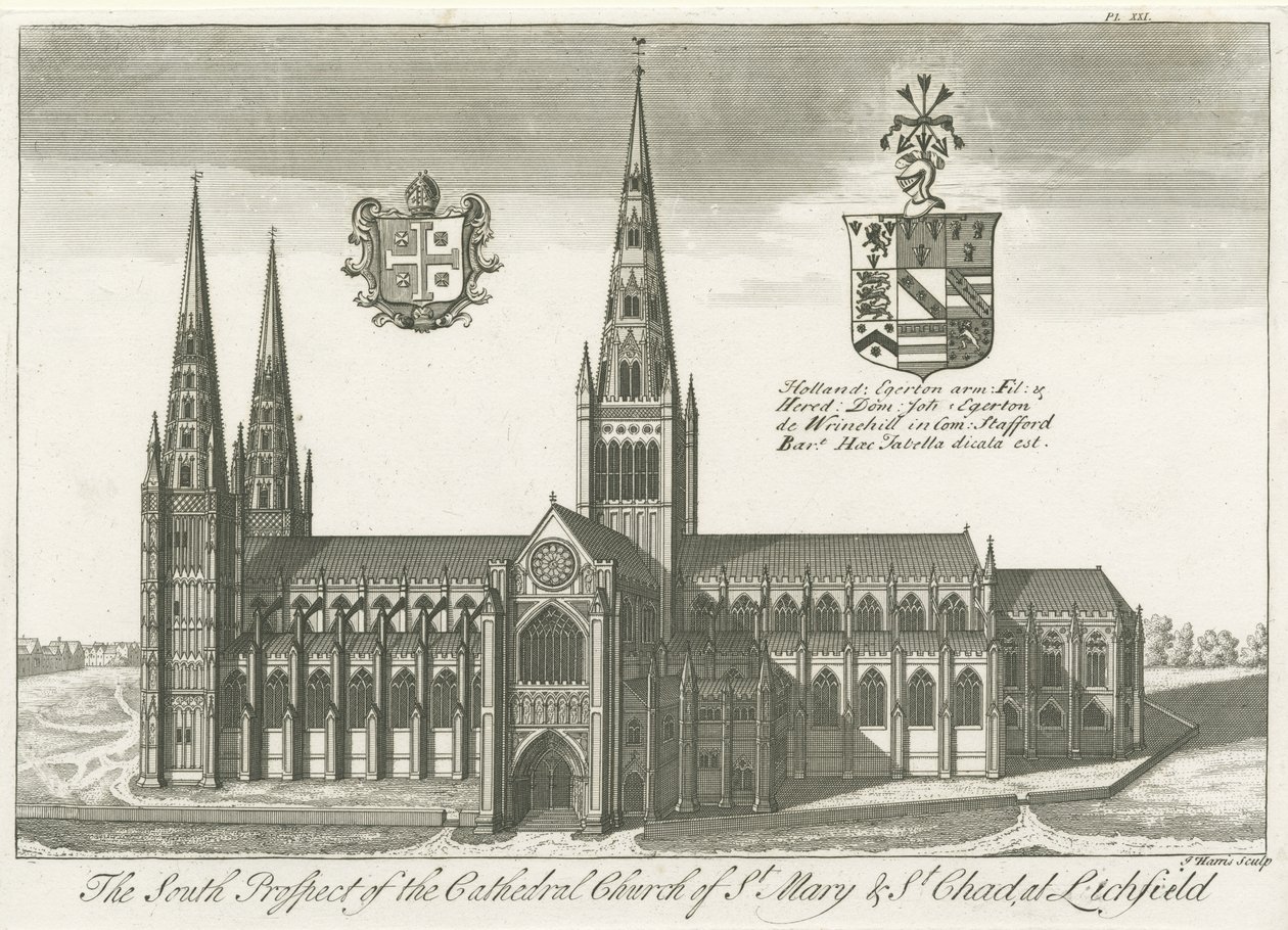 Catedral de Lichfield - Vista Sul: gravura, nd [?early 18th cent] (imprimir) de School English