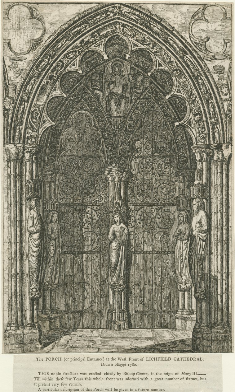 Catedral de Lichfield - Porta Oeste: gravura, Ago 1782 (estampado) de School English
