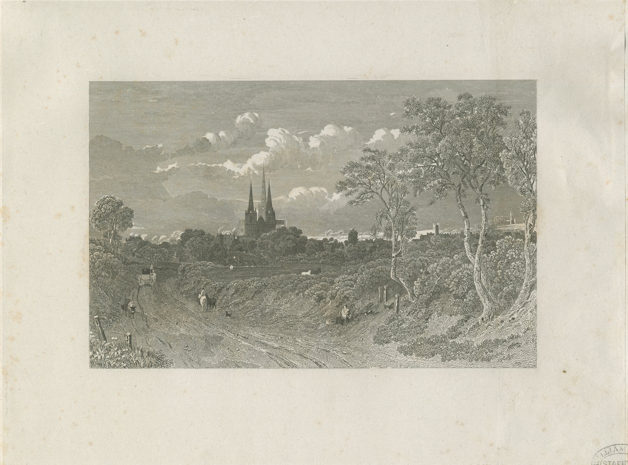 Catedral de Lichfield - Vista Oeste (distante): gravura, nd [?18 cent] (estampado) de School English