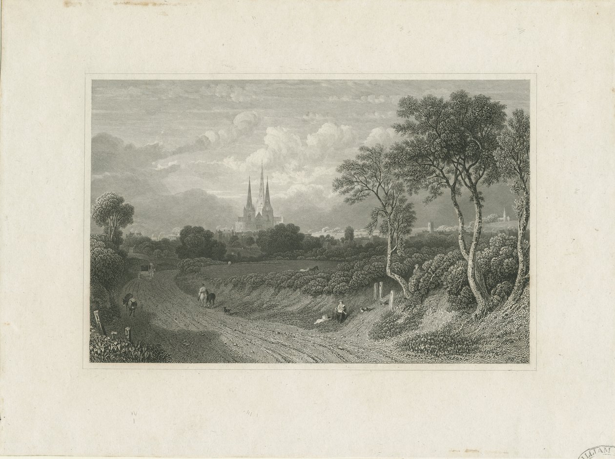 Catedral de Lichfield - Vista Oeste (distante): gravura, nd [?18 cent] (estampado) de School English