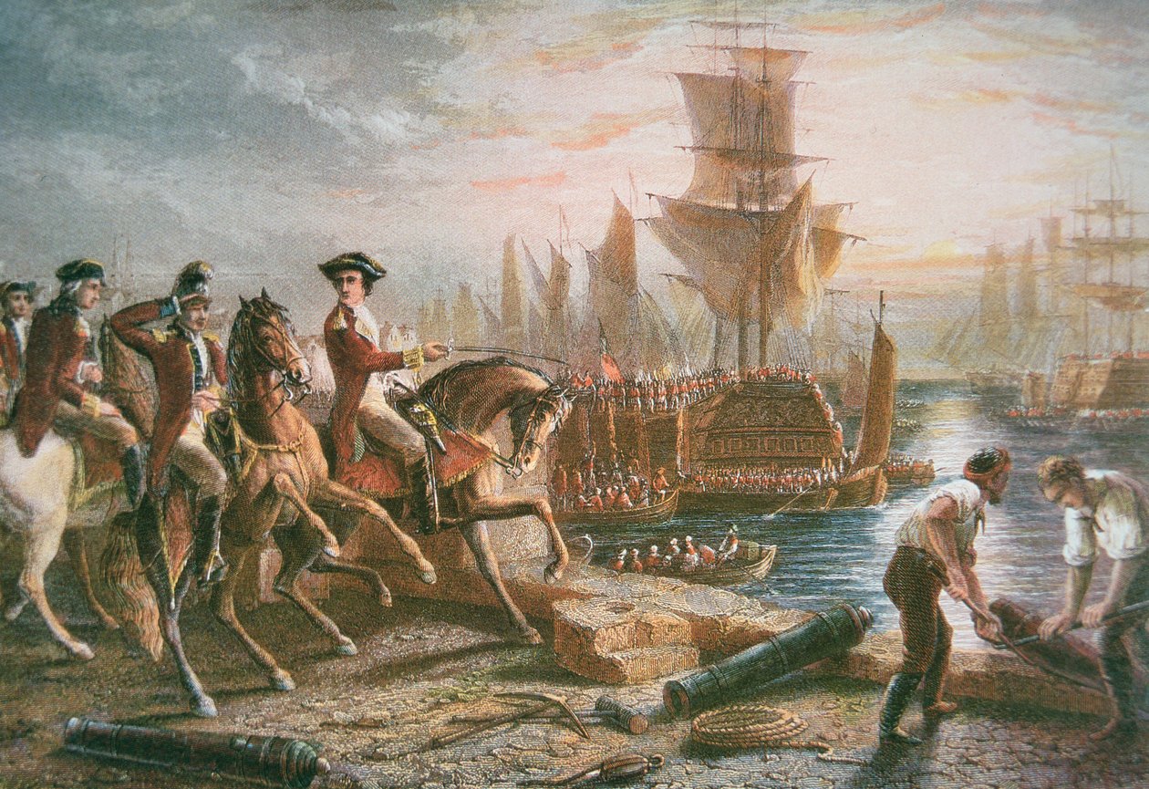 Lord Howe organiza a evacuação britânica de Boston em Março de 1776 (gravura a cores) de School English