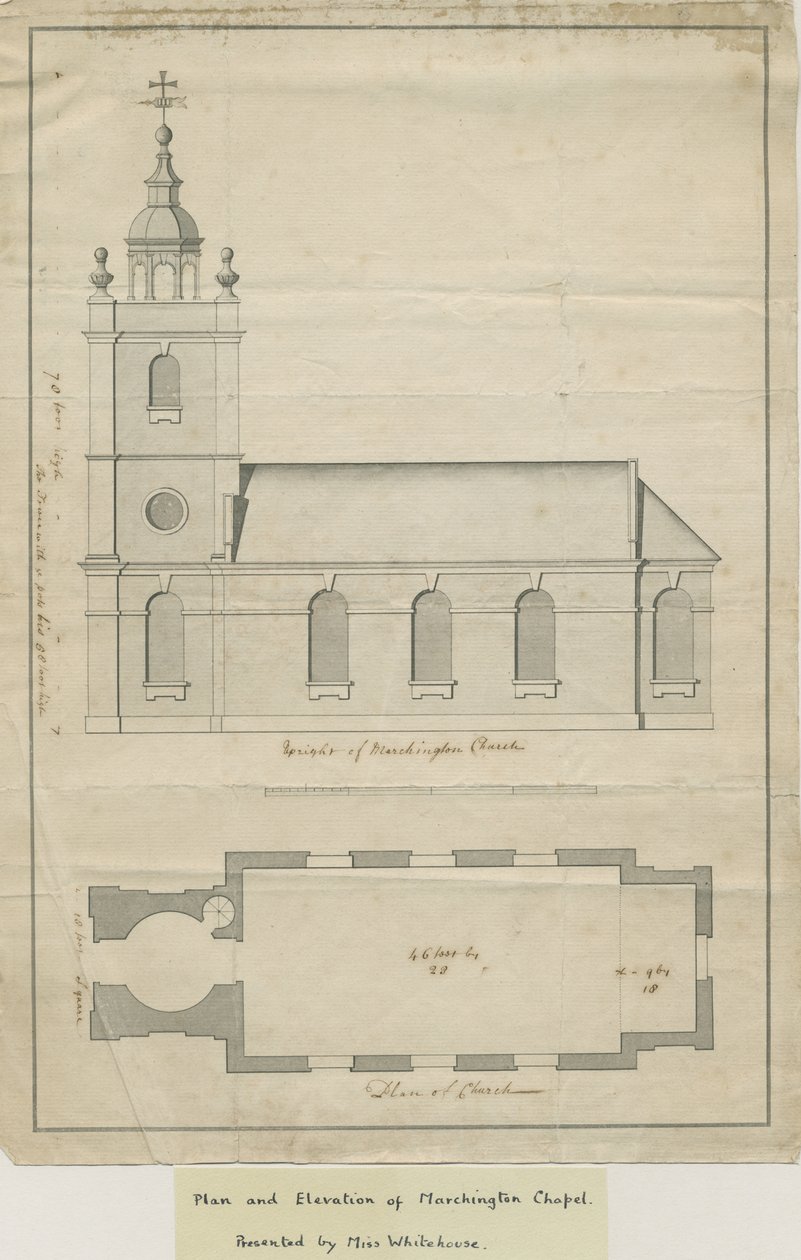 Marchington Church - Elevação Exterior e Plano Interior: desenho a caneta, nd [?meados do século XVIII] (desenho) de School English