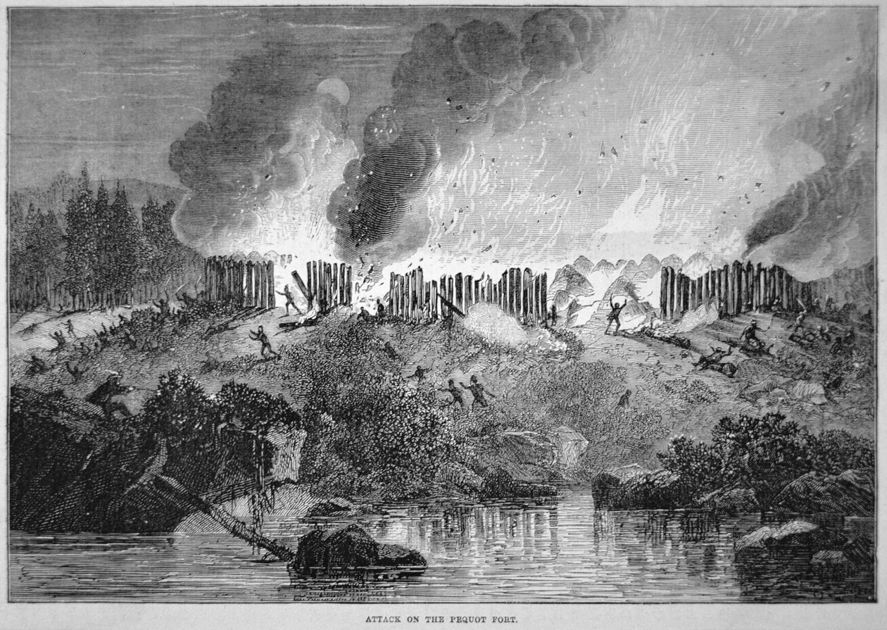 Colonos brancos da Nova Inglaterra atacam o Forte dos Pequot durante a Guerra dos Pequot de 1637 (gravura) de School English