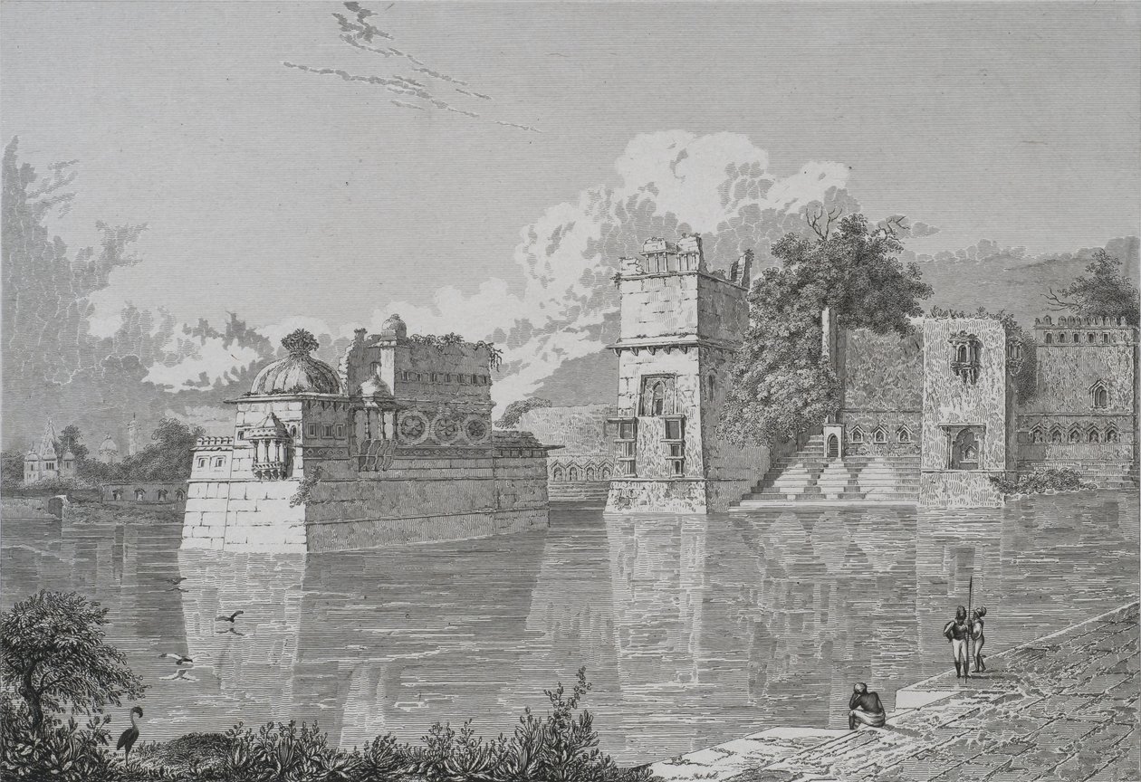Palácio de Ranee Bheem e Pudmundi em Cheetore (Chitor, Estado de Udaipur) (gravura) de School English