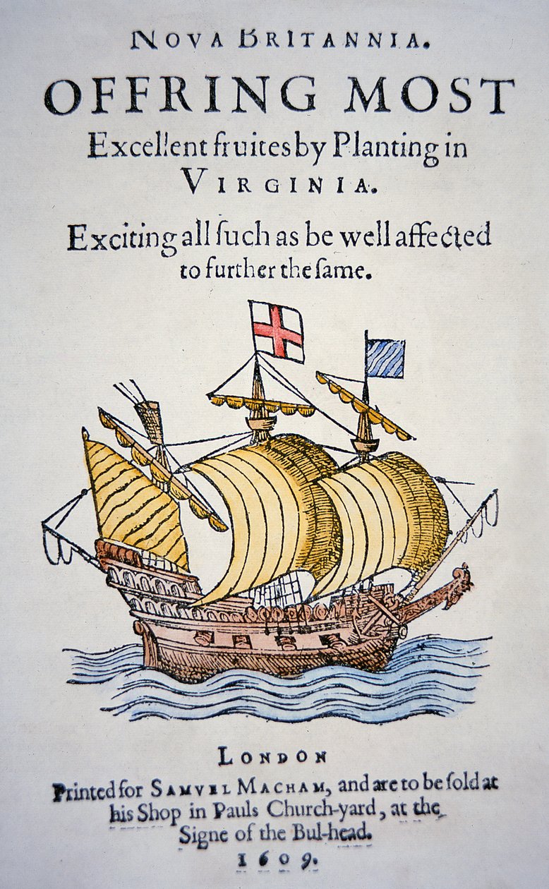 Panfleto que incentiva os colonos a irem à Virgínia na América, publicado em 1609 (cor litho) de School English
