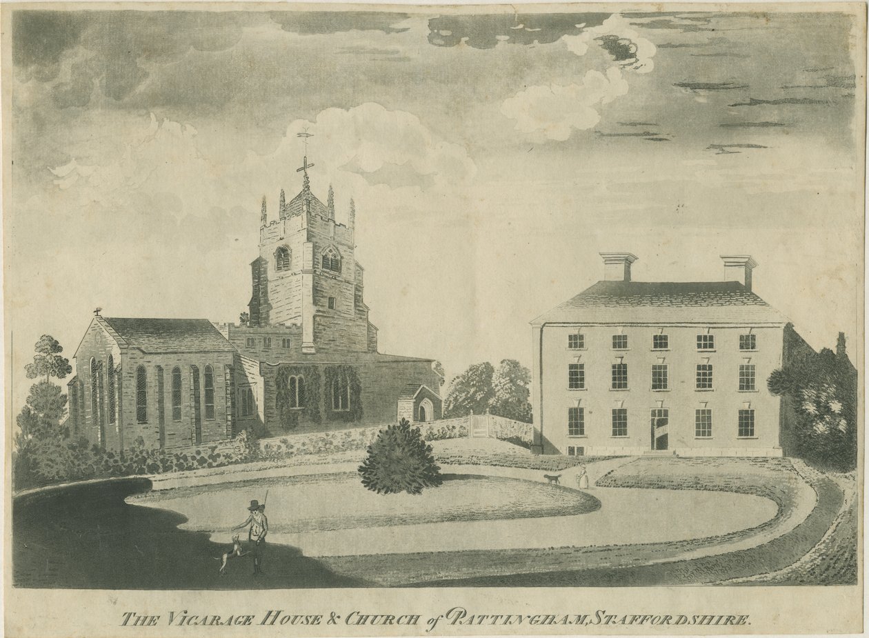 Igreja Pattingham e Casa do Vigário: gravura em aquatint, nd [? final do século XVIII] (imprimir) de School English