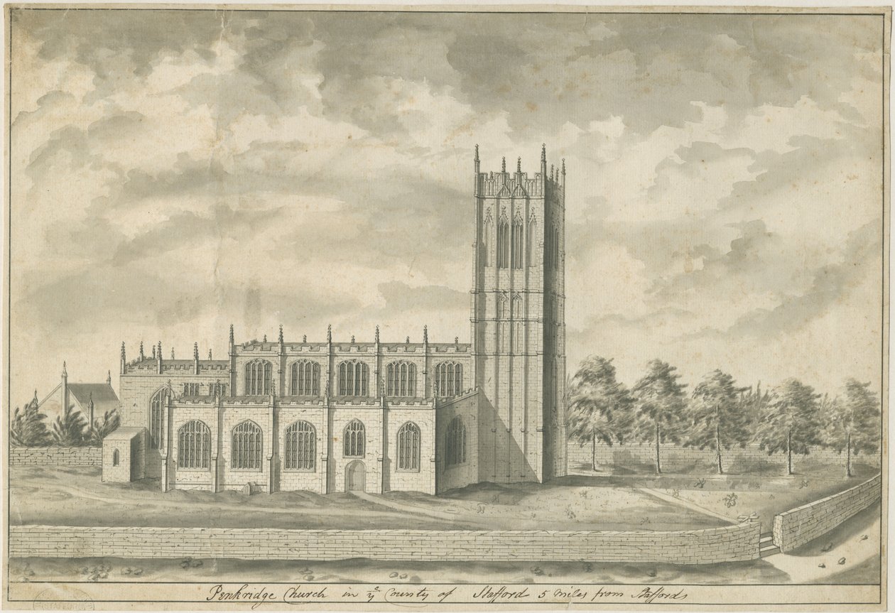 Penkridge Church: caneta e desenho a lavar, sd [final do século 18] (desenho) de School English