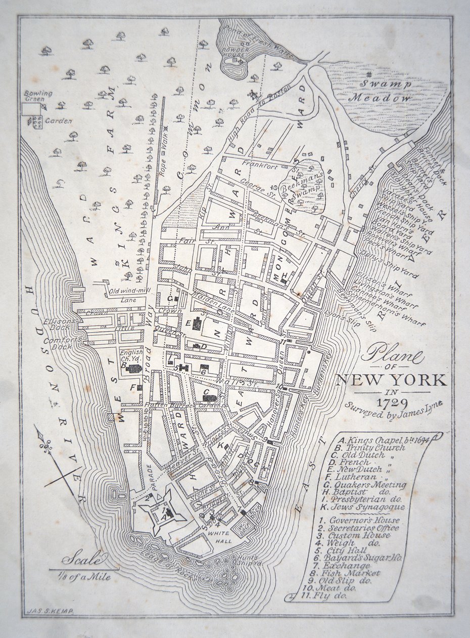 Plano de Nova Iorque em 1729 (litho) de School English